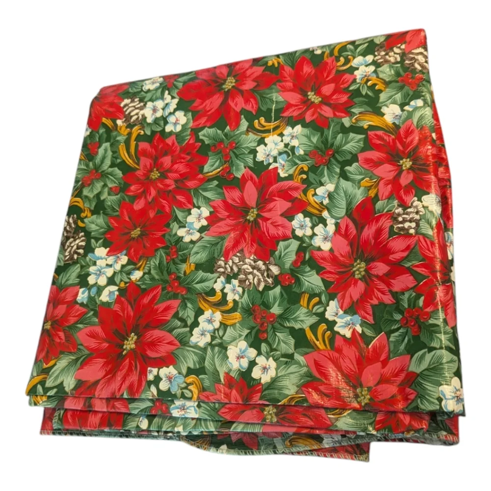 VTG Christmas Pointsetta Flannel Back Plastic Table Cloth Rectangular 68
